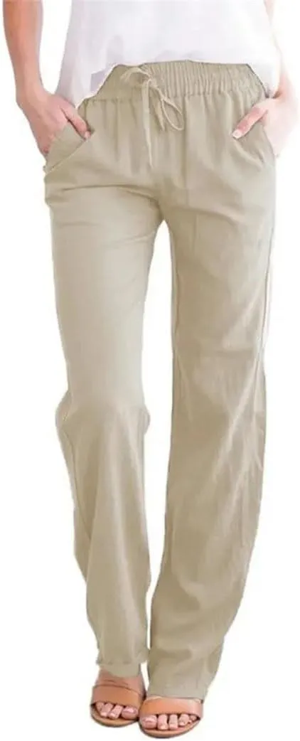 Women's Cotton Linen Pants Elastic Waist Casual Trousers Loose Straight Leg Breathable Sweatpants with Drawstring