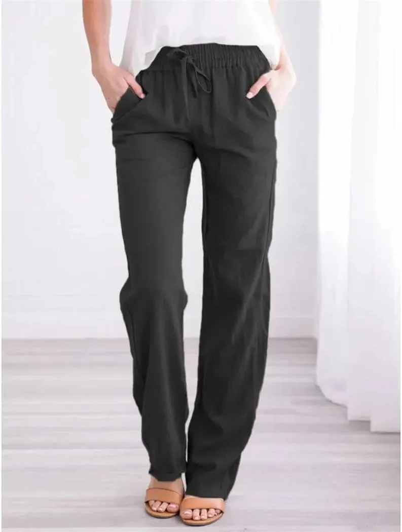 Women's Cotton Linen Pants Elastic Waist Casual Trousers Loose Straight Leg Breathable Sweatpants with Drawstring