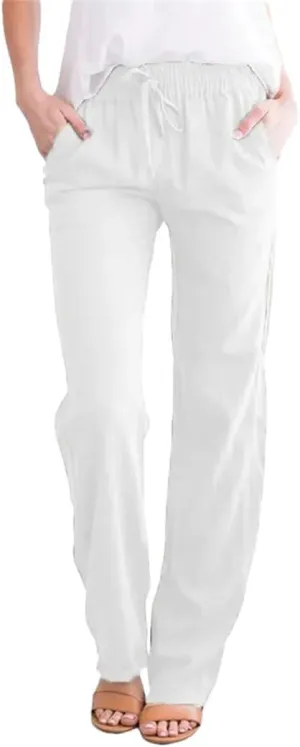 Women's Cotton Linen Pants Elastic Waist Casual Trousers Loose Straight Leg Breathable Sweatpants with Drawstring