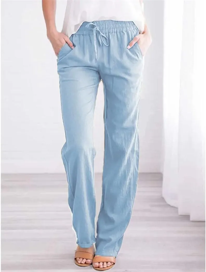 Women's Cotton Linen Pants Elastic Waist Casual Trousers Loose Straight Leg Breathable Sweatpants with Drawstring