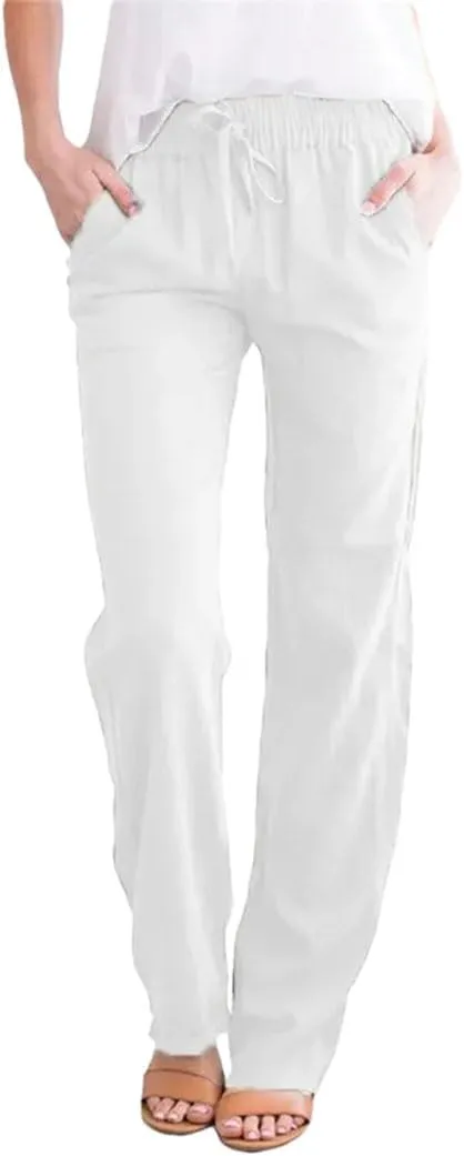 Women's Cotton Linen Pants Elastic Waist Casual Trousers Loose Straight Leg Breathable Sweatpants with Drawstring