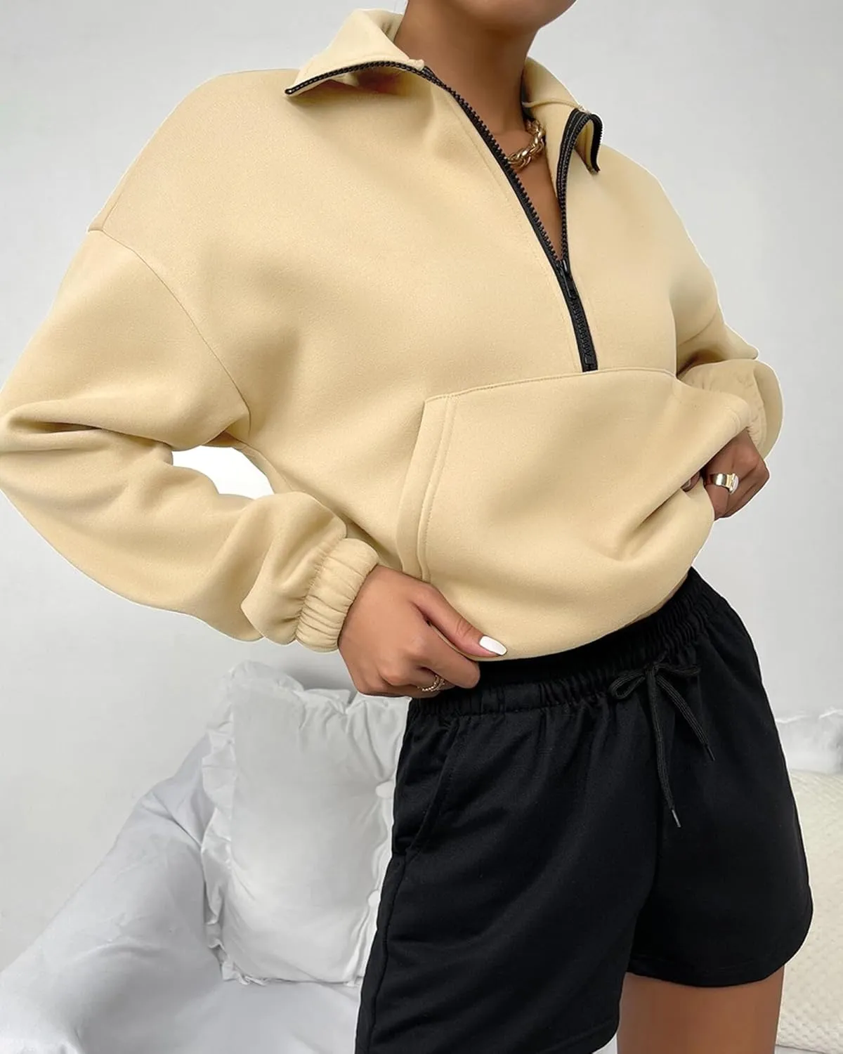 Women's Cropped Fleece Sweatshirt Half Zip Quarter Zipper Long Sleeve Pullover Fall Winter Outfits Clothes