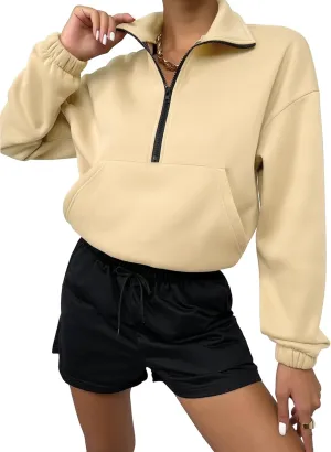 Women's Cropped Fleece Sweatshirt Half Zip Quarter Zipper Long Sleeve Pullover Fall Winter Outfits Clothes