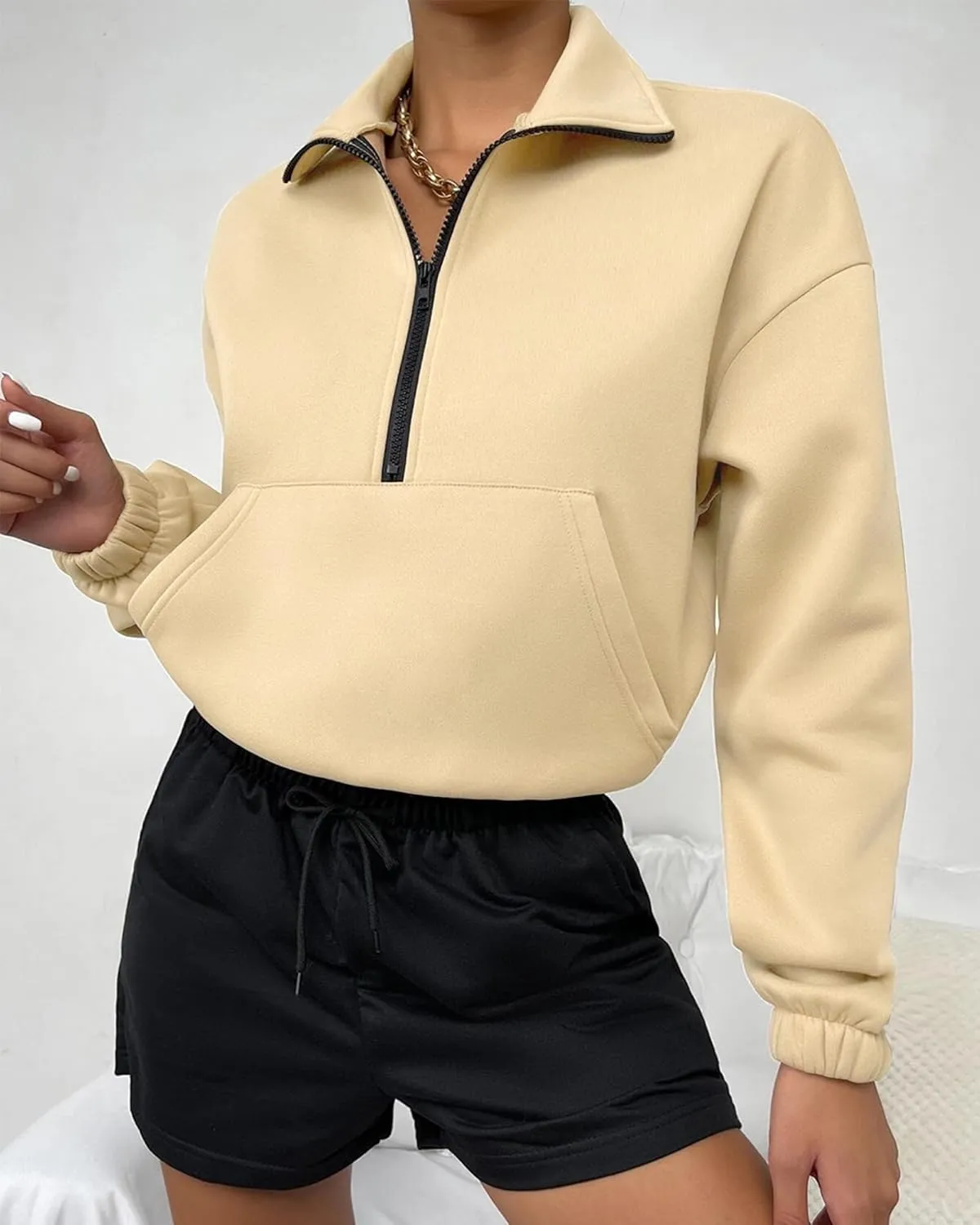 Women's Cropped Fleece Sweatshirt Half Zip Quarter Zipper Long Sleeve Pullover Fall Winter Outfits Clothes