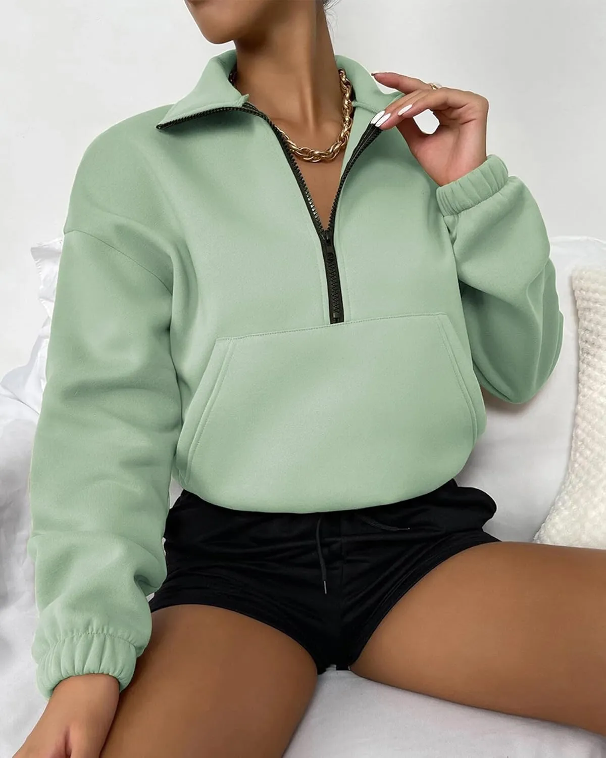 Women's Cropped Fleece Sweatshirt Half Zip Quarter Zipper Long Sleeve Pullover Fall Winter Outfits Clothes