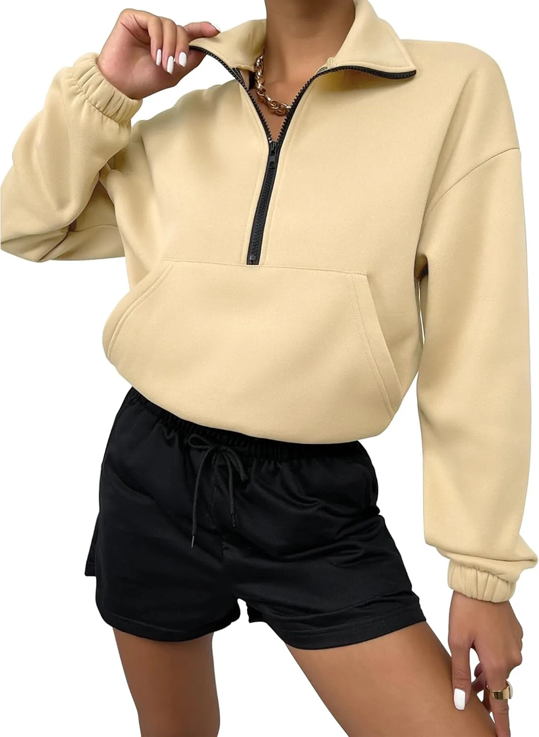 Women's Cropped Fleece Sweatshirt Half Zip Quarter Zipper Long Sleeve Pullover Fall Winter Outfits Clothes
