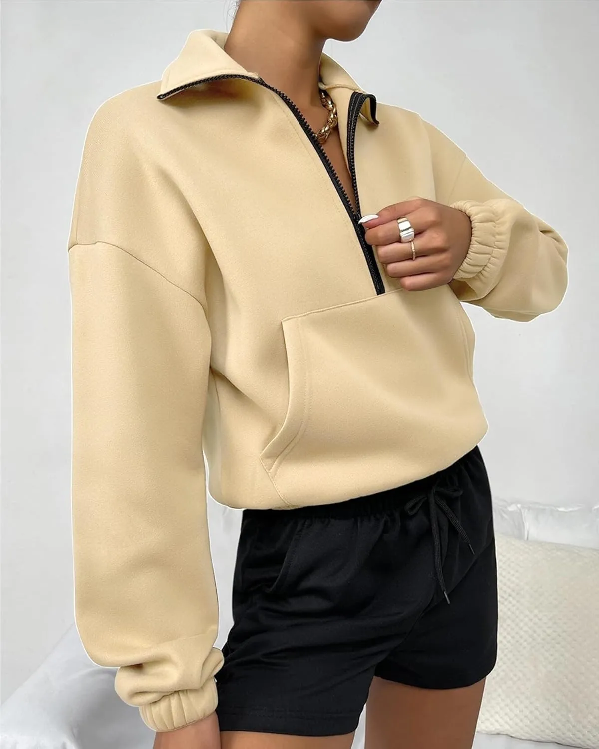 Women's Cropped Fleece Sweatshirt Half Zip Quarter Zipper Long Sleeve Pullover Fall Winter Outfits Clothes