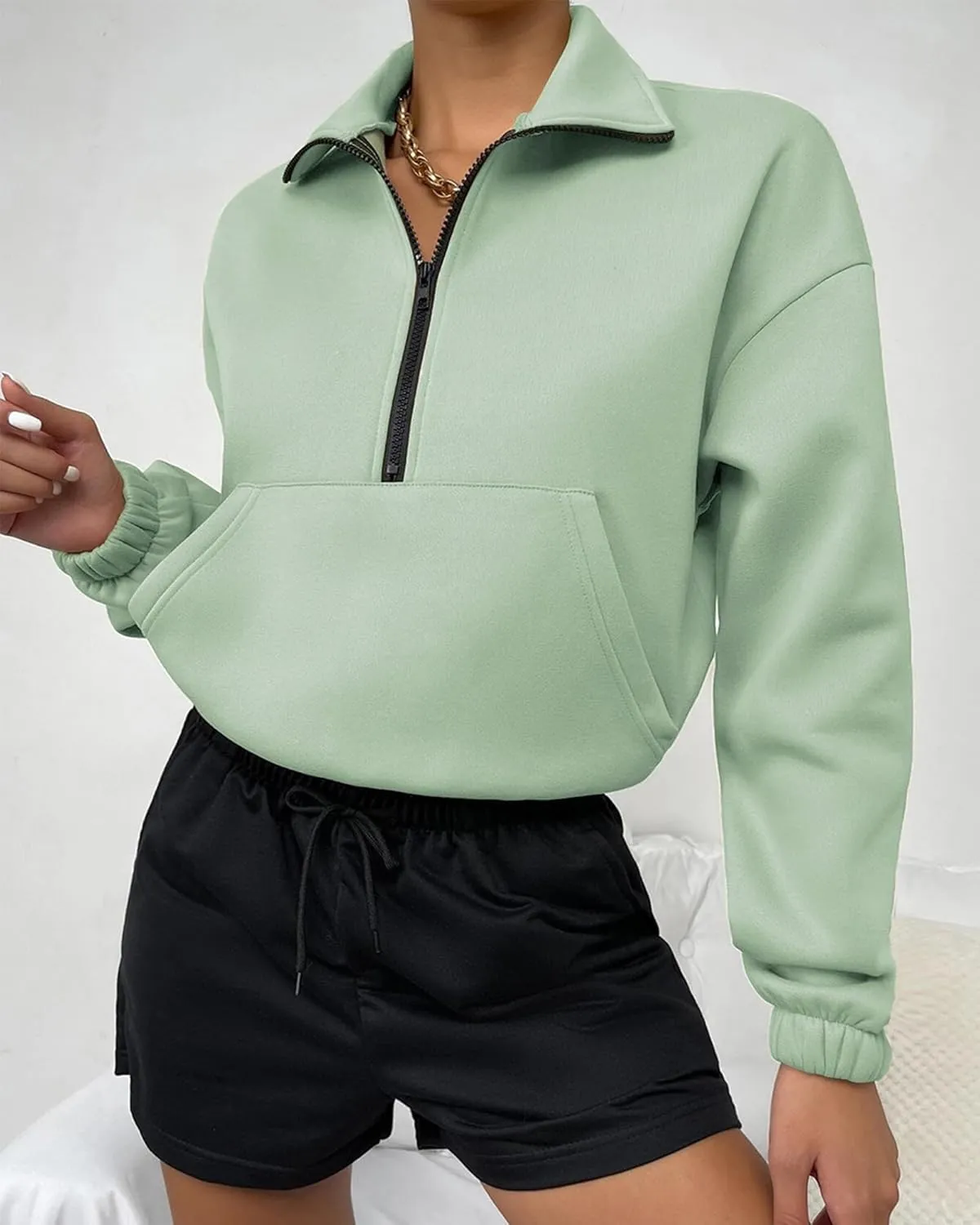 Women's Cropped Fleece Sweatshirt Half Zip Quarter Zipper Long Sleeve Pullover Fall Winter Outfits Clothes