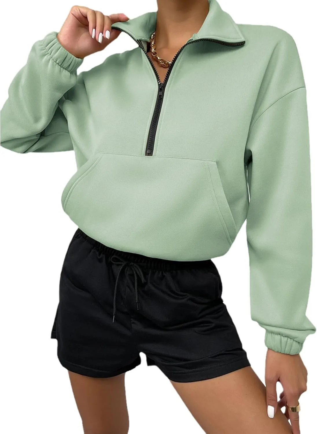 Women's Cropped Fleece Sweatshirt Half Zip Quarter Zipper Long Sleeve Pullover Fall Winter Outfits Clothes