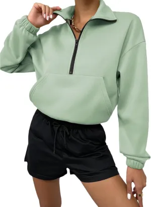 Women's Cropped Fleece Sweatshirt Half Zip Quarter Zipper Long Sleeve Pullover Fall Winter Outfits Clothes