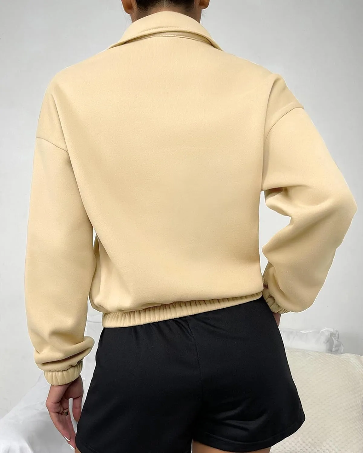 Women's Cropped Fleece Sweatshirt Half Zip Quarter Zipper Long Sleeve Pullover Fall Winter Outfits Clothes