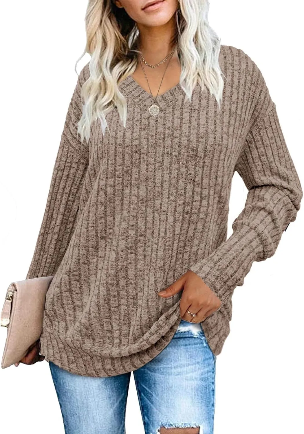 Women's Fall Tops 2024 Fashion V Neck Long Sleeve Shirts Blouse Knitted Casual Pullover Sweater Cozy Going Out Tops
