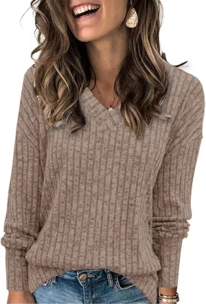 Women's Fall Tops 2024 Fashion V Neck Long Sleeve Shirts Blouse Knitted Casual Pullover Sweater Cozy Going Out Tops