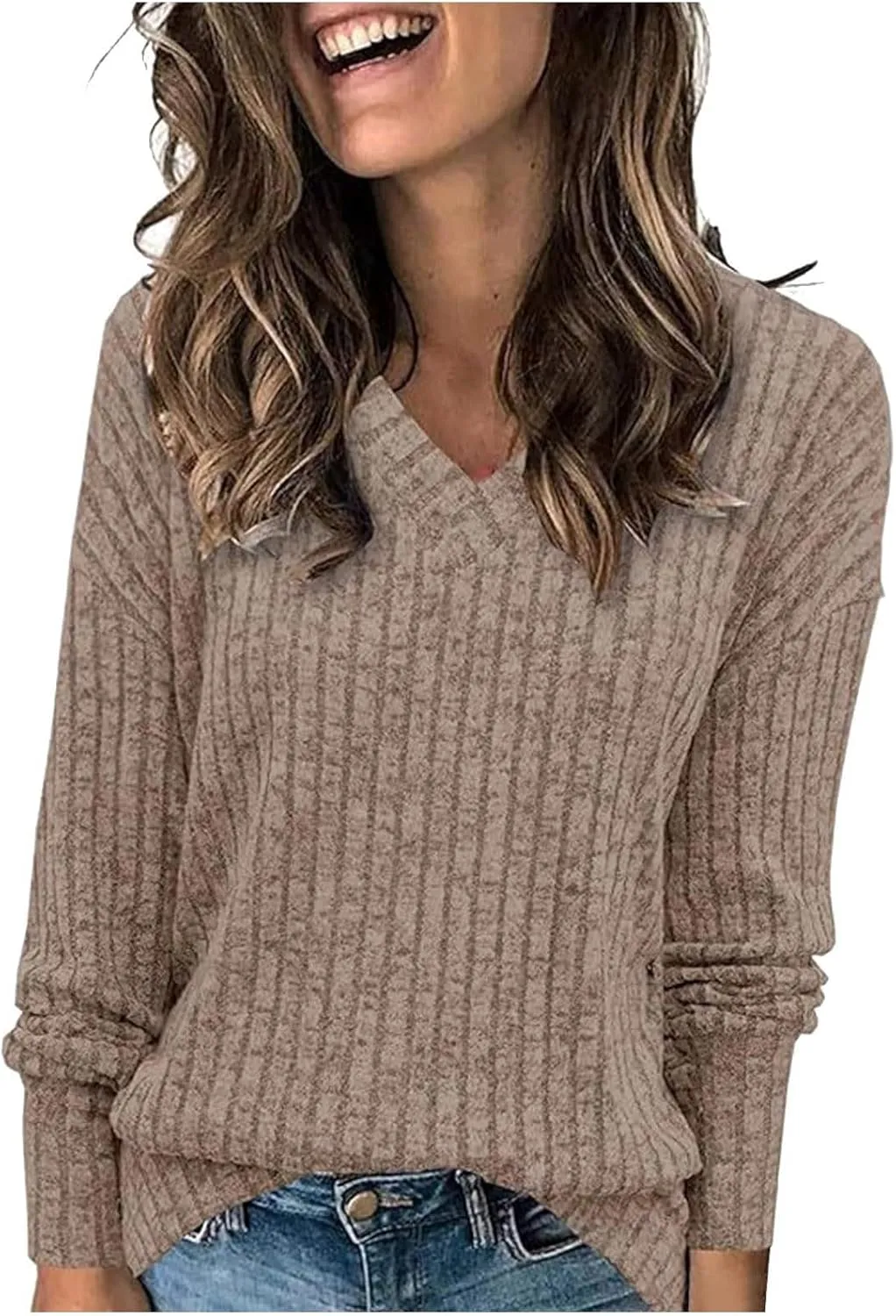 Women's Fall Tops 2024 Fashion V Neck Long Sleeve Shirts Blouse Knitted Casual Pullover Sweater Cozy Going Out Tops