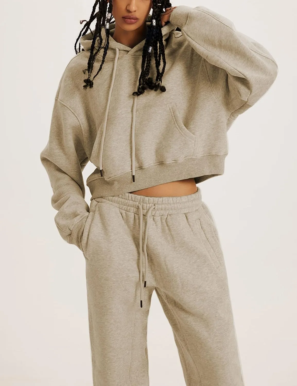 Womens Fleece 2 Piece Outfits Sweatsuit Crop Hooded Pullover Sweatshirt Top Jogger Sweatpants Tracksuits Set