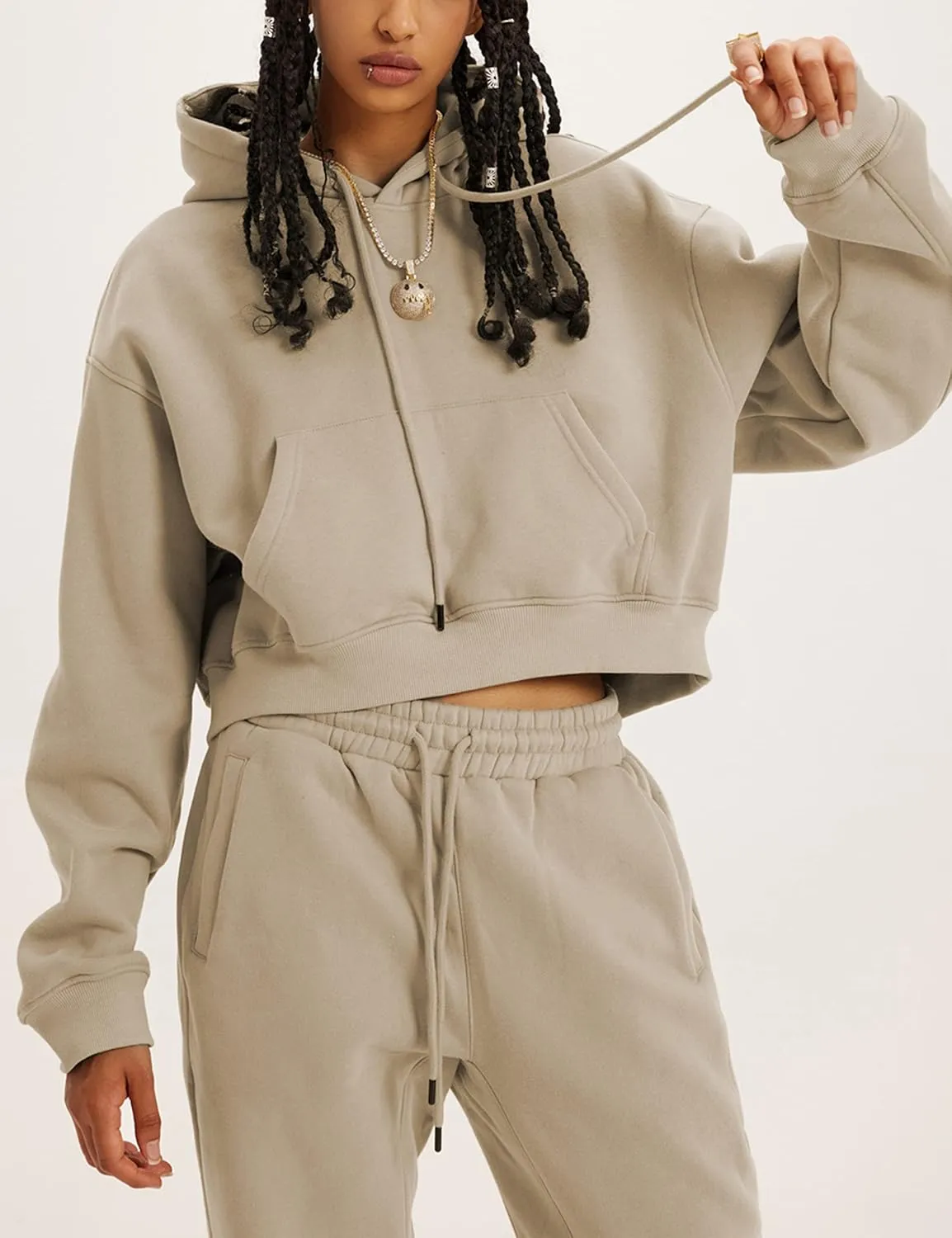 Womens Fleece 2 Piece Outfits Sweatsuit Crop Hooded Pullover Sweatshirt Top Jogger Sweatpants Tracksuits Set