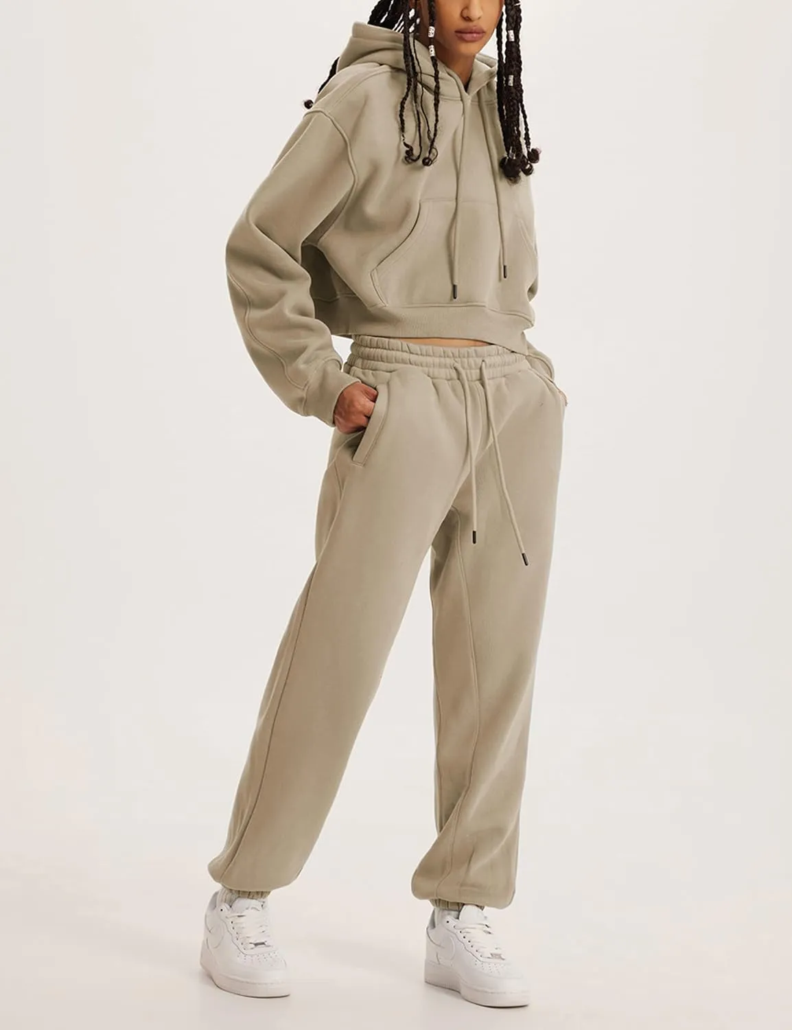 Womens Fleece 2 Piece Outfits Sweatsuit Crop Hooded Pullover Sweatshirt Top Jogger Sweatpants Tracksuits Set