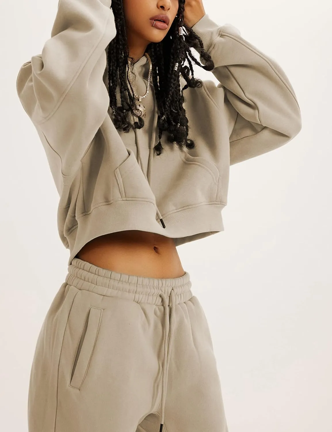 Womens Fleece 2 Piece Outfits Sweatsuit Crop Hooded Pullover Sweatshirt Top Jogger Sweatpants Tracksuits Set