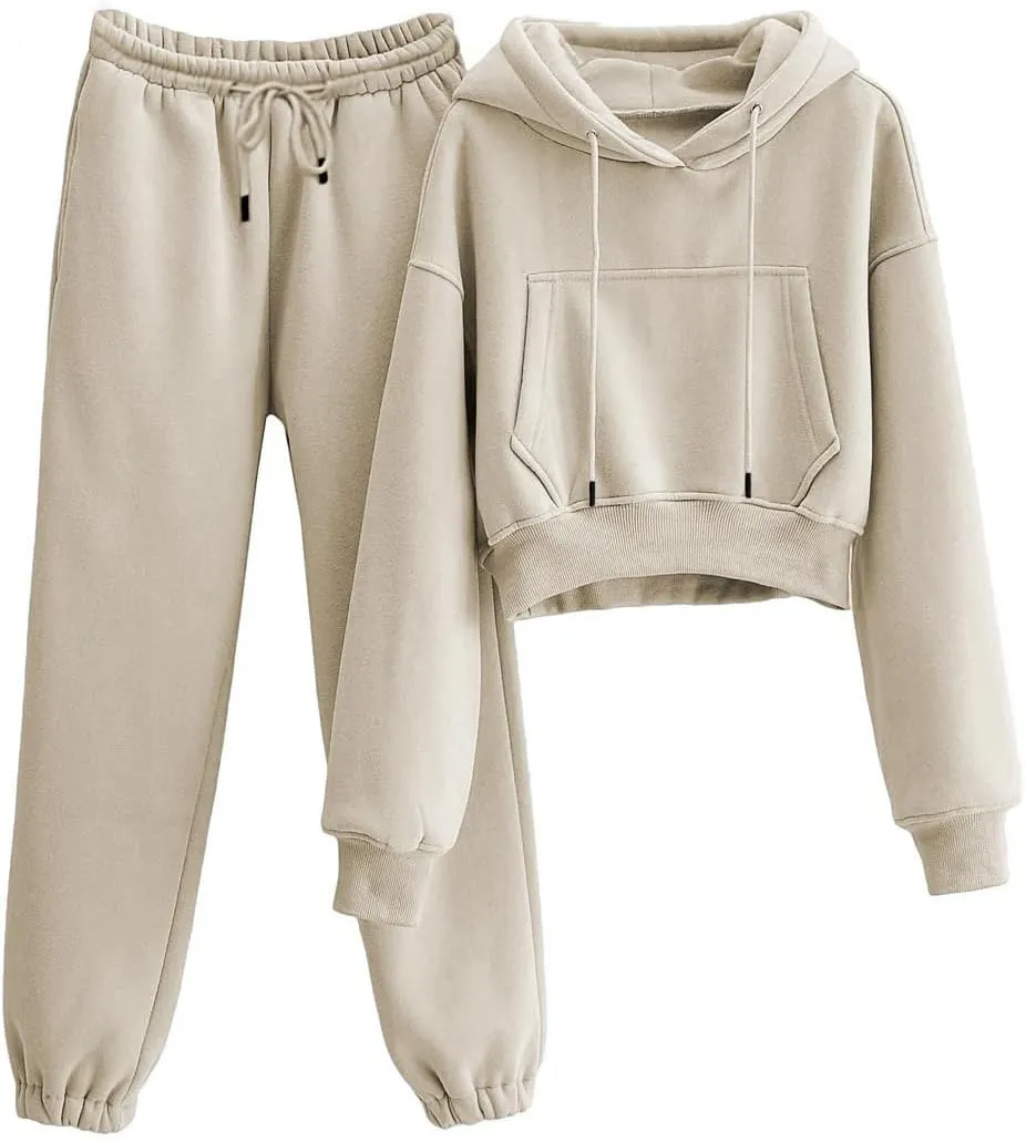 Womens Fleece 2 Piece Outfits Sweatsuit Crop Hooded Pullover Sweatshirt Top Jogger Sweatpants Tracksuits Set