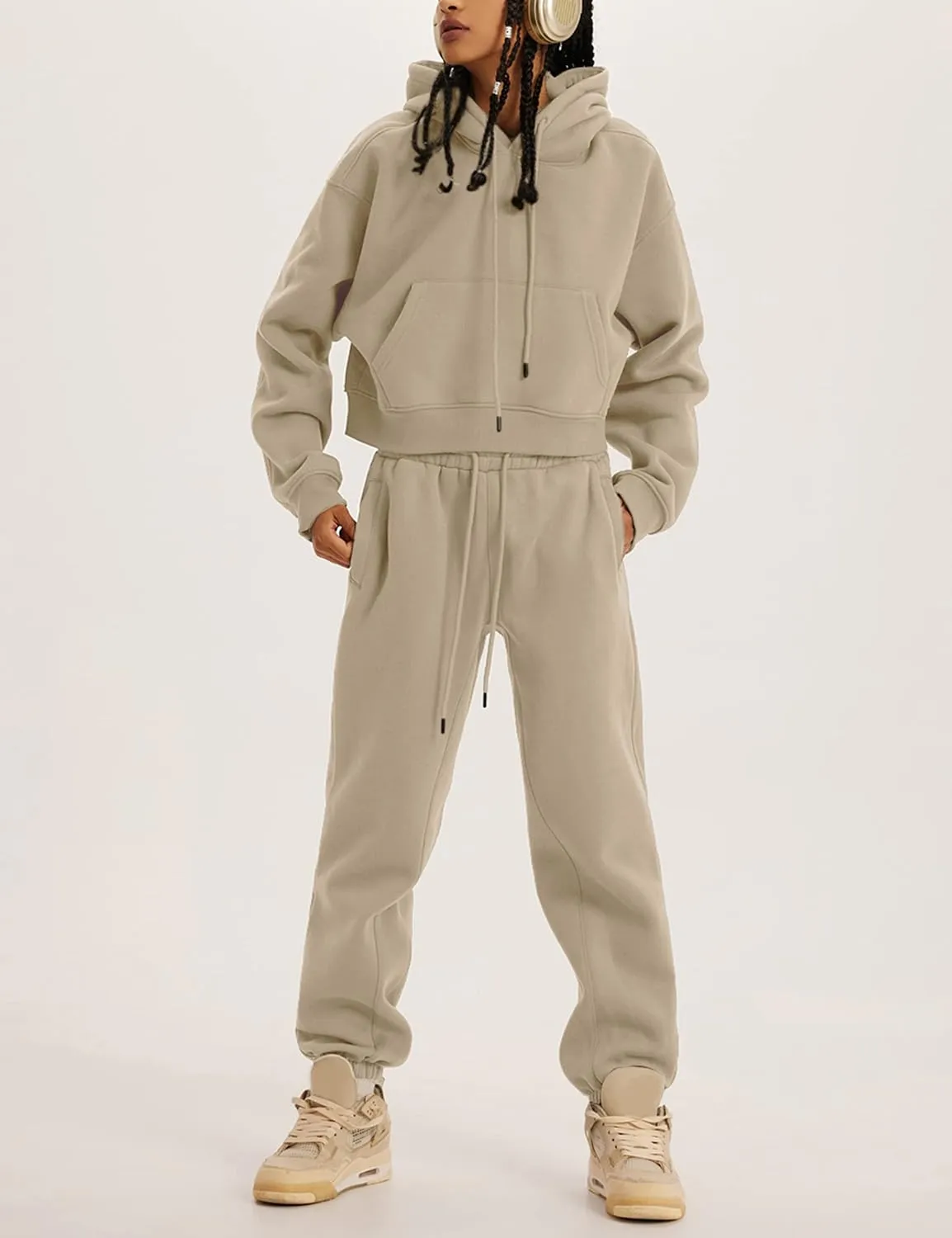 Womens Fleece 2 Piece Outfits Sweatsuit Crop Hooded Pullover Sweatshirt Top Jogger Sweatpants Tracksuits Set