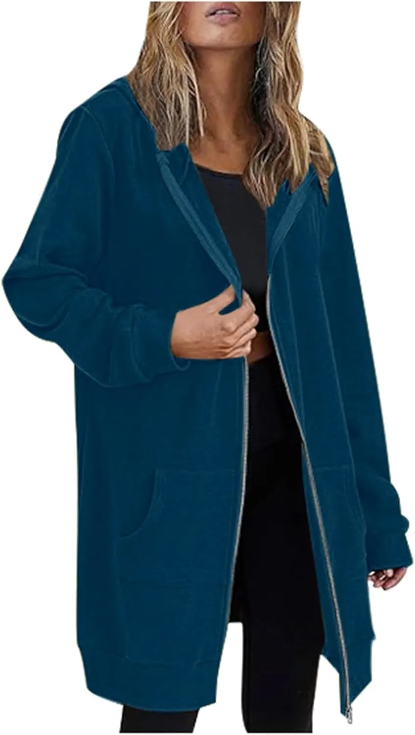 Womens Fleece Zip Up Hoodie Jacket Fall Casual Loose Lightweight Long Sleeve Tunic Hooded Pullover Sweatshirts with Pockets