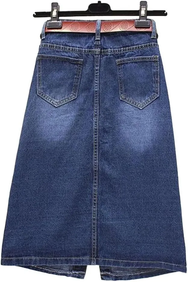 Women's Front Slit Single Breasted High Waist Denim Skirt with Belt Summer Loose A-Line Midi Skirts