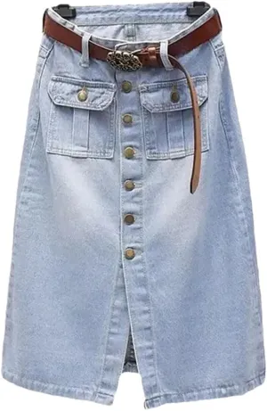Women's Front Slit Single Breasted High Waist Denim Skirt with Belt Summer Loose A-Line Midi Skirts