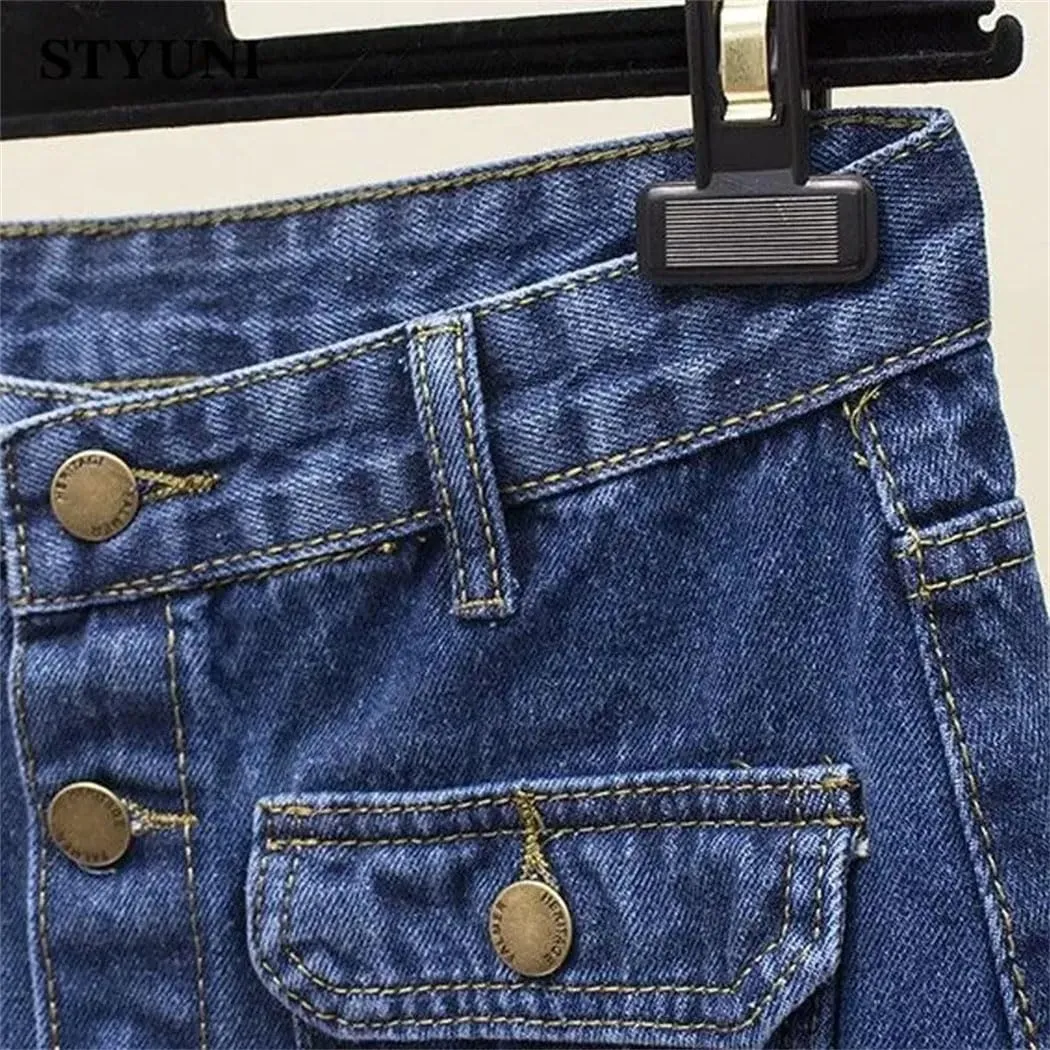 Women's Front Slit Single Breasted High Waist Denim Skirt with Belt Summer Loose A-Line Midi Skirts