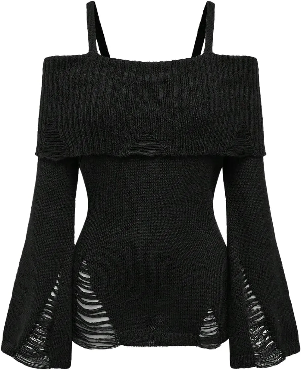 Women's Gothic Cold Shoulder Distressed Sweater Long Sleeve Ripped Knit Pullover Tops