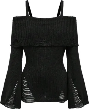 Women's Gothic Cold Shoulder Distressed Sweater Long Sleeve Ripped Knit Pullover Tops
