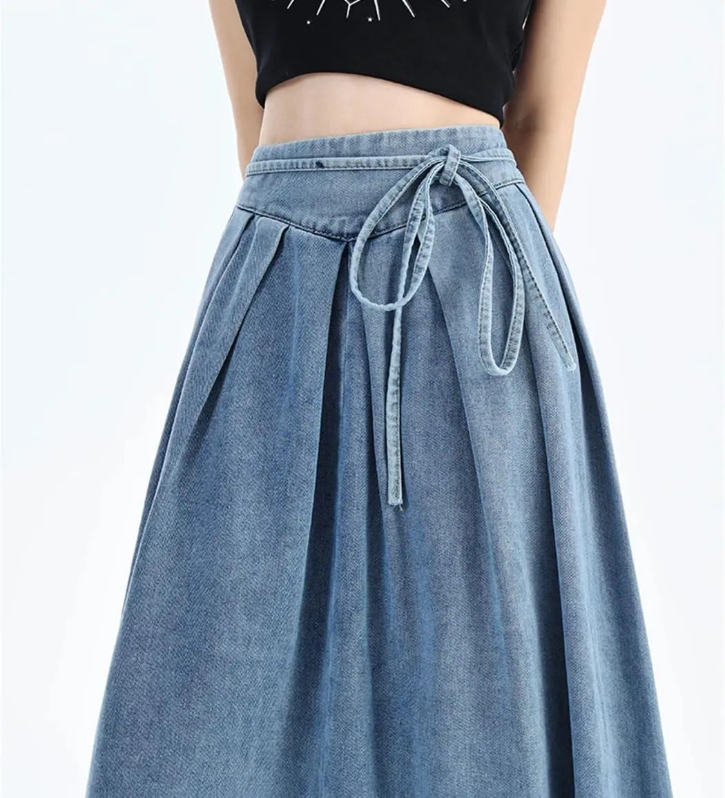 Women's High Elastic Waist Long Denim Skirt Korean Style Streetwear Lace-Up Blue Maxi Jeans