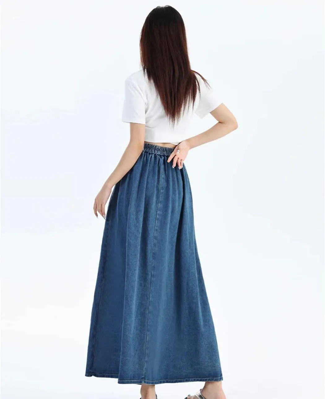 Women's High Elastic Waist Long Denim Skirt Korean Style Streetwear Lace-Up Blue Maxi Jeans