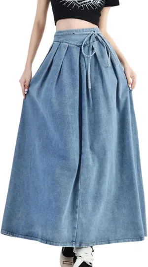 Women's High Elastic Waist Long Denim Skirt Korean Style Streetwear Lace-Up Blue Maxi Jeans