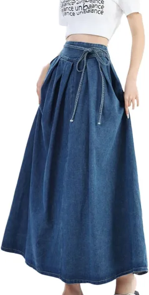 Women's High Elastic Waist Long Denim Skirt Korean Style Streetwear Lace-Up Blue Maxi Jeans