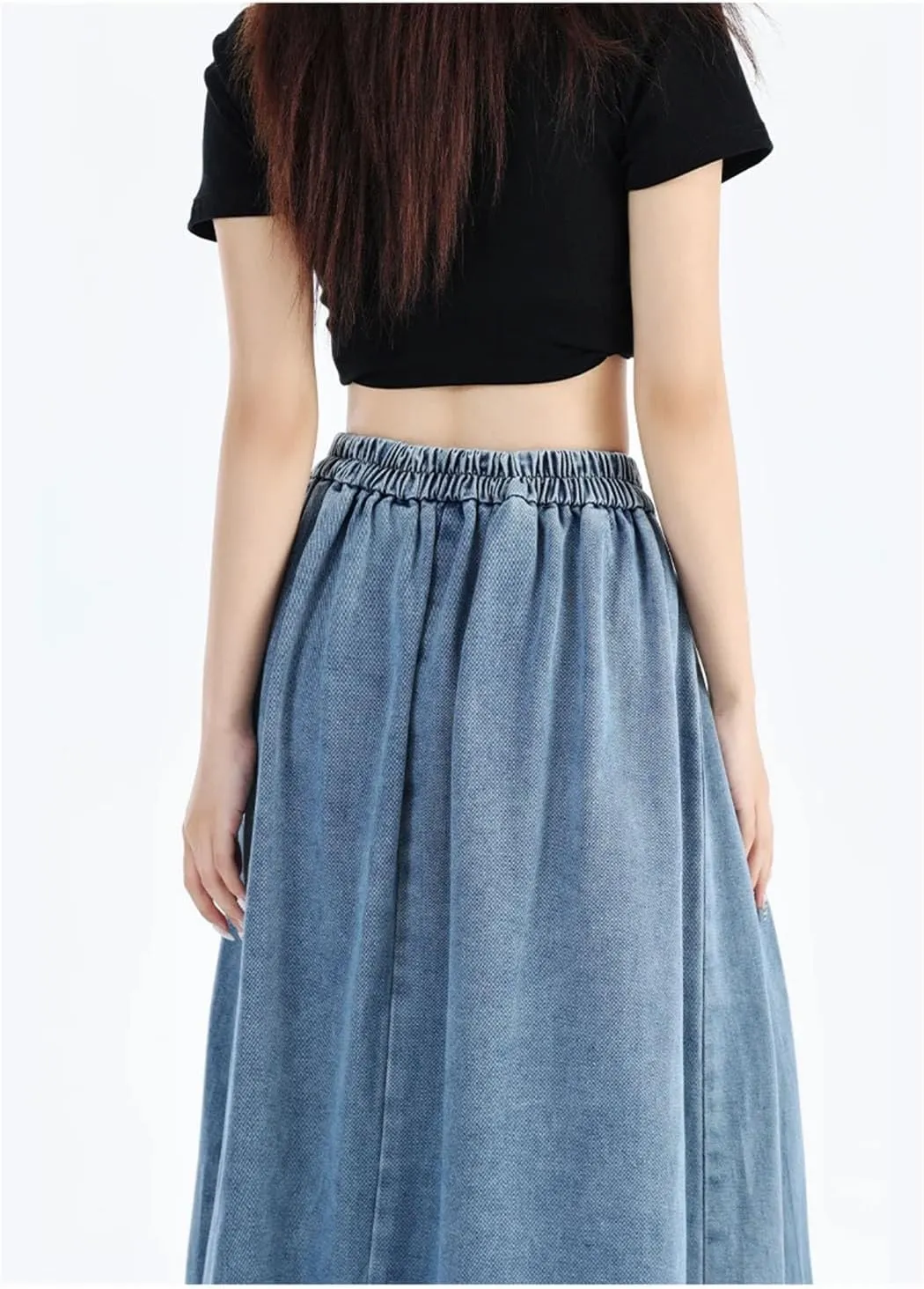 Women's High Elastic Waist Long Denim Skirt Korean Style Streetwear Lace-Up Blue Maxi Jeans