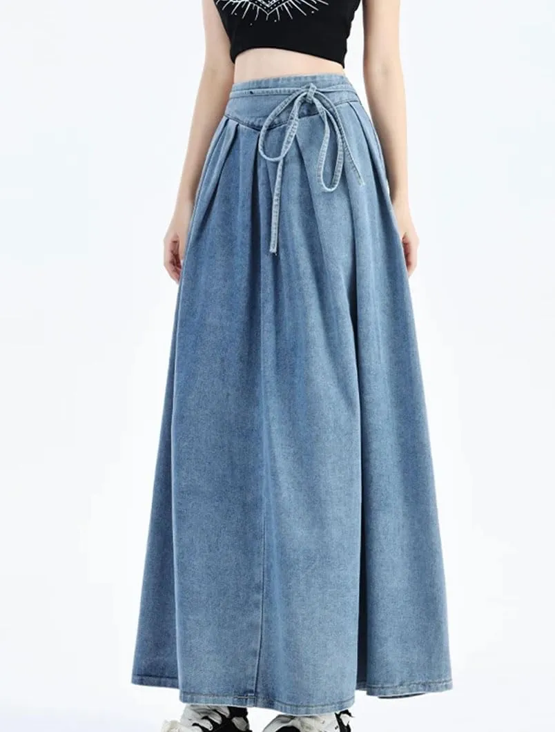 Women's High Elastic Waist Long Denim Skirt Korean Style Streetwear Lace-Up Blue Maxi Jeans
