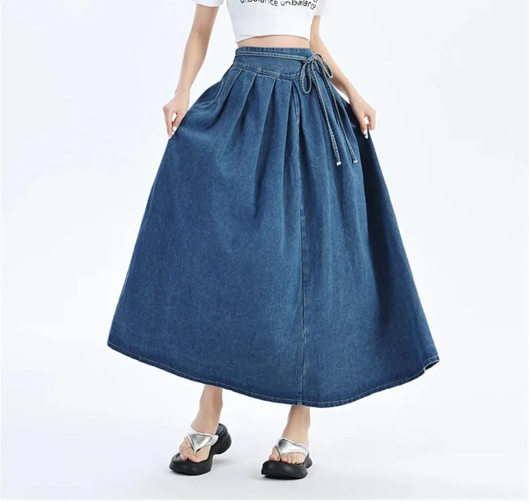 Women's High Elastic Waist Long Denim Skirt Korean Style Streetwear Lace-Up Blue Maxi Jeans