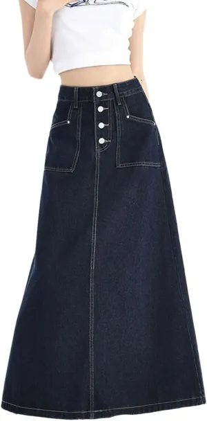 Women's High Waist Denim Skirt Spring 2025 Single Breasted Long Skirt Korean Style Casual Jeans Skirts
