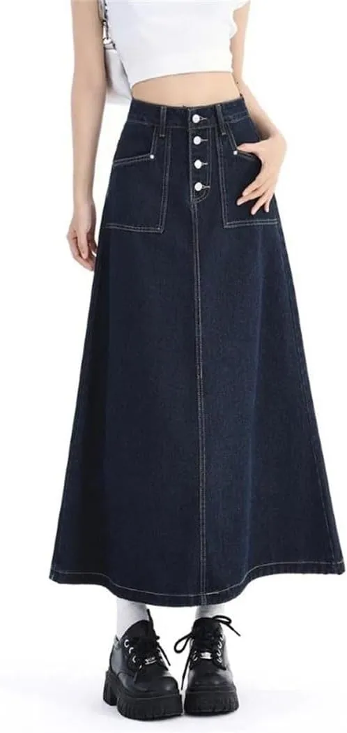 Women's High Waist Denim Skirt Spring 2025 Single Breasted Long Skirt Korean Style Casual Jeans Skirts