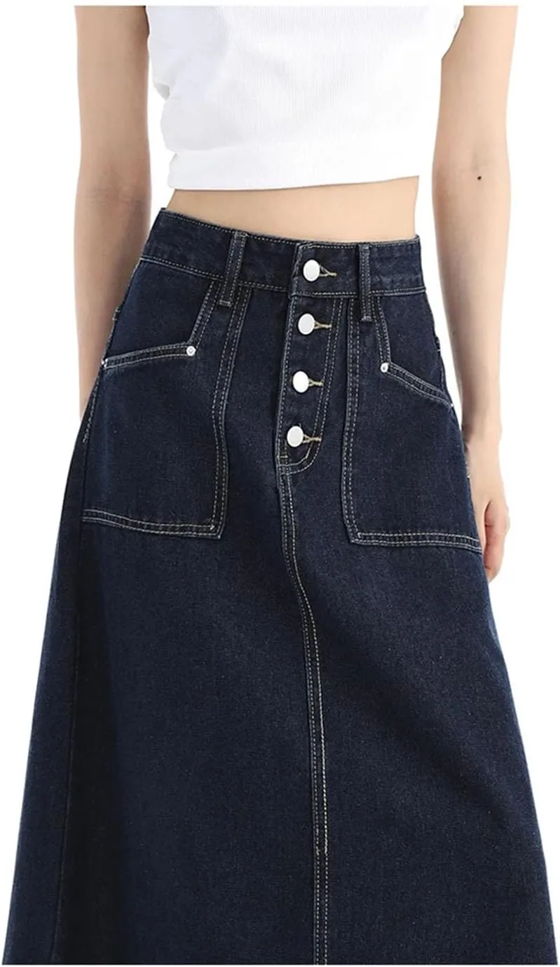 Women's High Waist Denim Skirt Spring 2025 Single Breasted Long Skirt Korean Style Casual Jeans Skirts