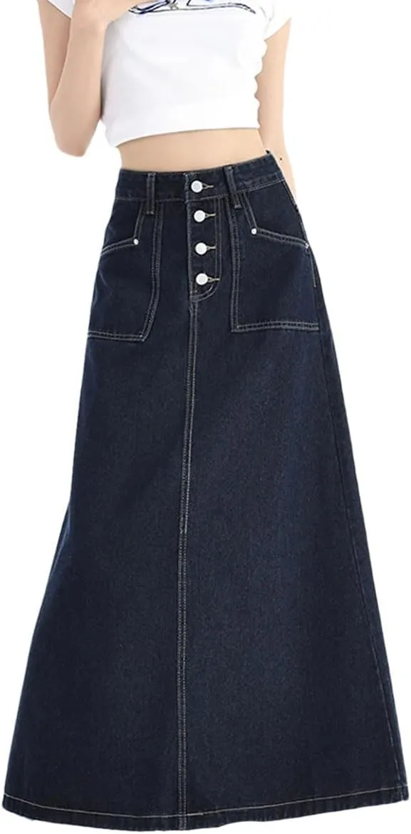 Women's High Waist Denim Skirt Spring 2025 Single Breasted Long Skirt Korean Style Casual Jeans Skirts