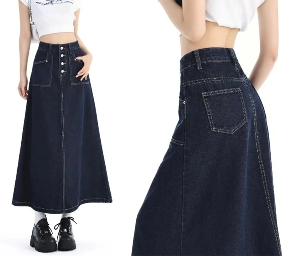 Women's High Waist Denim Skirt Spring 2025 Single Breasted Long Skirt Korean Style Casual Jeans Skirts