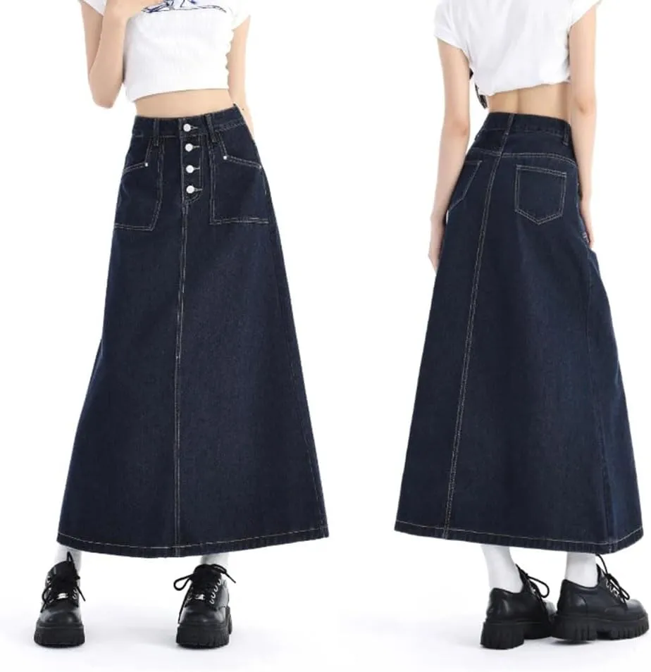 Women's High Waist Denim Skirt Spring 2025 Single Breasted Long Skirt Korean Style Casual Jeans Skirts