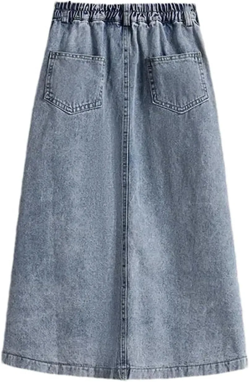 Women's High Waist Denim Skirt Summer Casual Pleated A-Line Midi Jean Skirt
