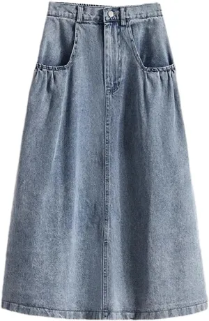 Women's High Waist Denim Skirt Summer Casual Pleated A-Line Midi Jean Skirt