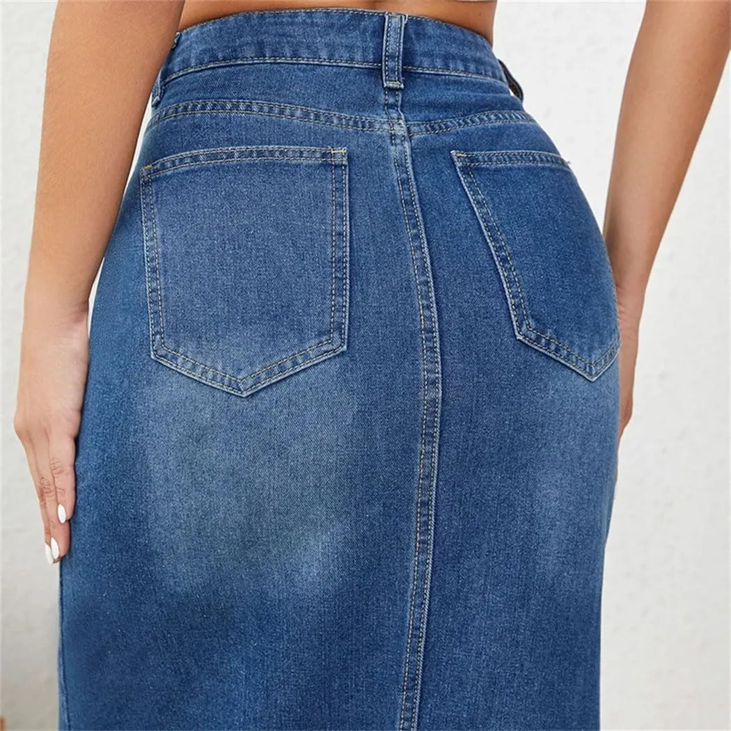 Women's High Waist Packaged Hip Jeans Skirts Summer Casual Punk Straight Front Slit Denim Skirts