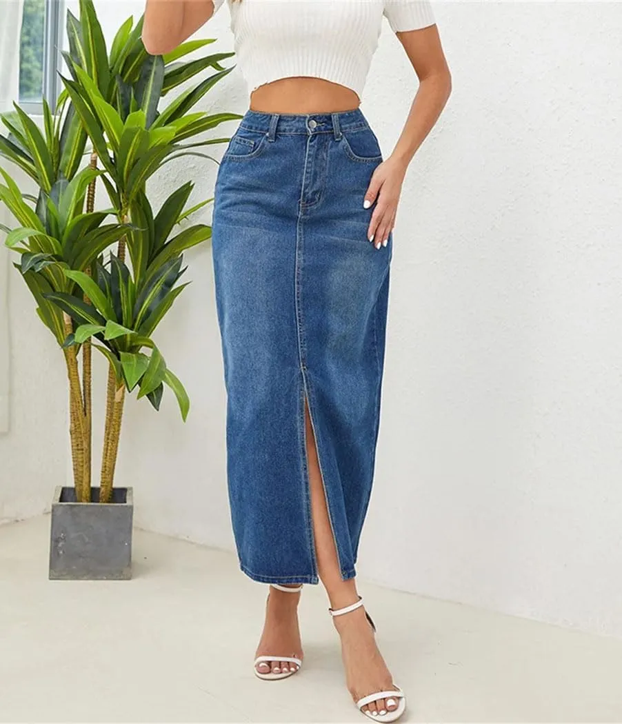 Women's High Waist Packaged Hip Jeans Skirts Summer Casual Punk Straight Front Slit Denim Skirts