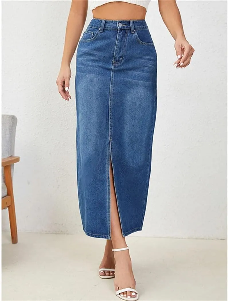 Women's High Waist Packaged Hip Jeans Skirts Summer Casual Punk Straight Front Slit Denim Skirts