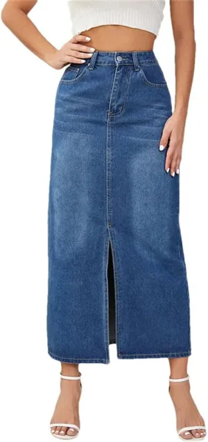Women's High Waist Packaged Hip Jeans Skirts Summer Casual Punk Straight Front Slit Denim Skirts