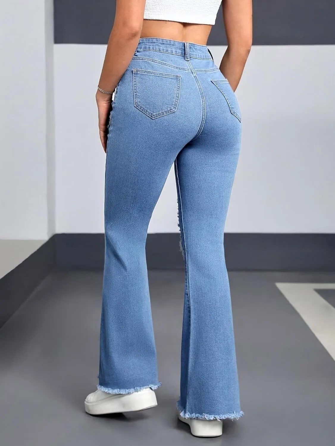 Women's High-Waisted Baggy Boot Pants with Stretch Washed Heart Embroidery Original Straight Jeans Frayed